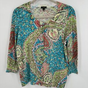 Talbots Sweater Womens 1X Petite Multicolor Paisley Button Front Cardigan Top